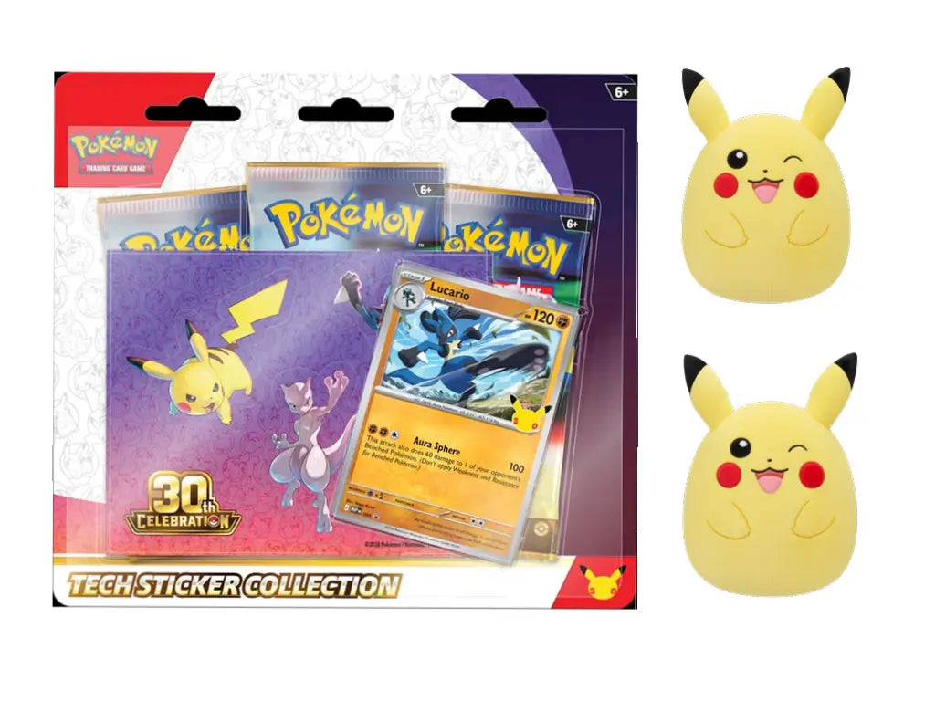 Pokémon 30th Anniversary Fan Bundle Lucario Edition featuring Tech Sticker Collection, 10-inch Squishmallows Pikachu plushes — available at FineToys.ca.